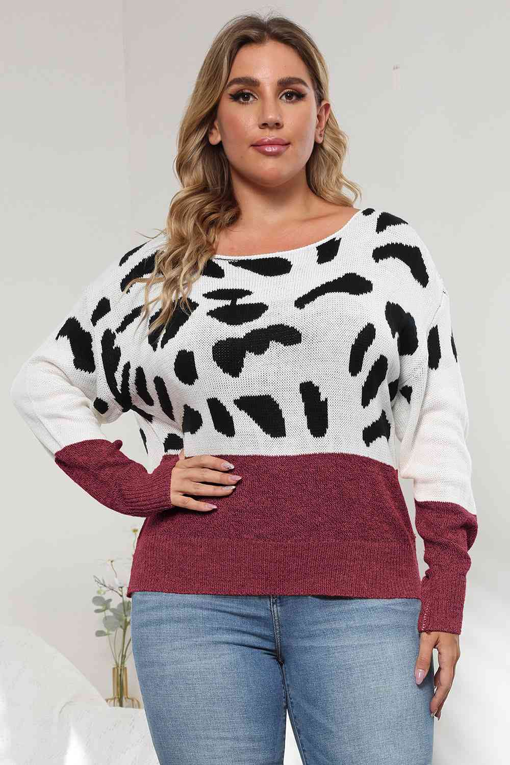 Plus Size Leopard Round Neck Long Sleeve Sweater - Body By J'ne