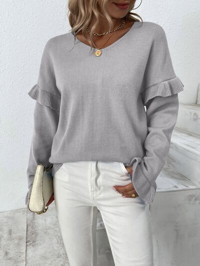 Ruffled V-Neck Dropped Shoulder Sweater - Body By J'ne