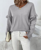 Ruffled V-Neck Dropped Shoulder Sweater - Body By J'ne