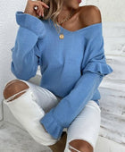 Ruffled V-Neck Dropped Shoulder Sweater - Body By J'ne