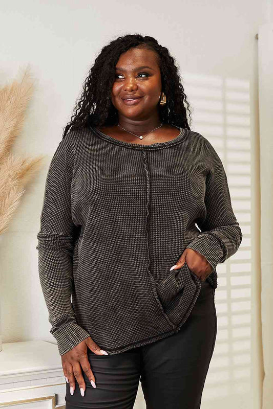 Full Size Washed Baby Waffle Oversized Long Sleeve Top