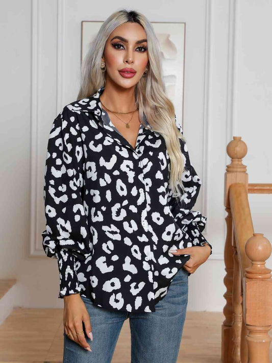 Printed Collared Neck Buttoned Lantern Sleeve Shirt - Body By J'ne