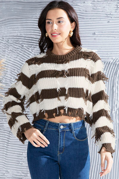 Striped Fringe Round Neck Sweater - Body By J'ne