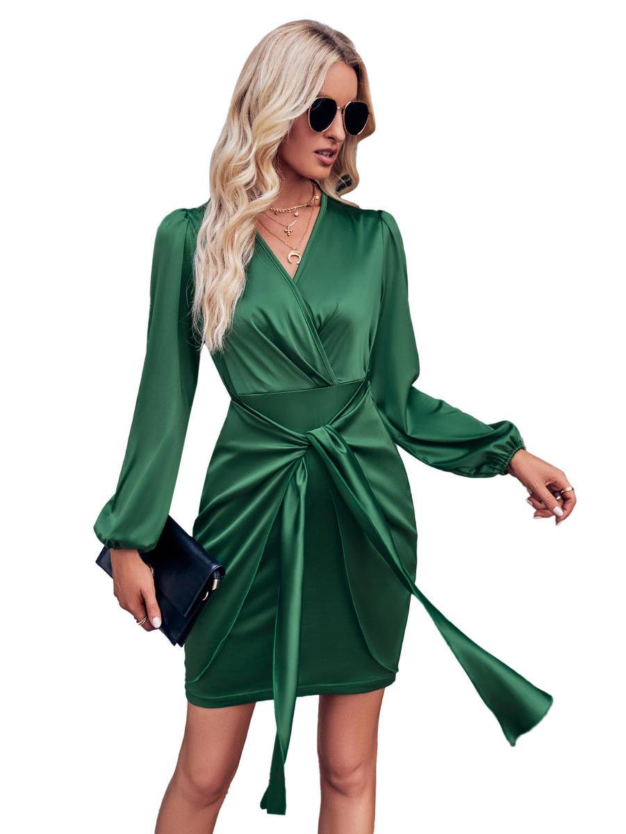 Solid Wrapped Balloon Sleeve Tie Waist Dress - Body By J'ne