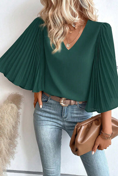 Pleated Flutter Sleeve V-Neck Blouse - Body By J'ne