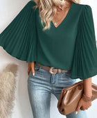 Pleated Flutter Sleeve V-Neck Blouse - Body By J'ne