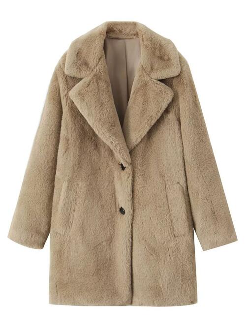 Faux Fur Button Up Lapel Neck Coat with Pocket - Body By J'ne
