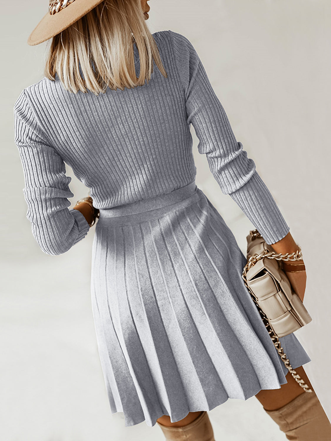 Surplice Neck Tie Front Pleated Sweater Dress - Body By J'ne