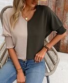 Contrast V-Neck Lantern Sleeve Blouse - Body By J'ne