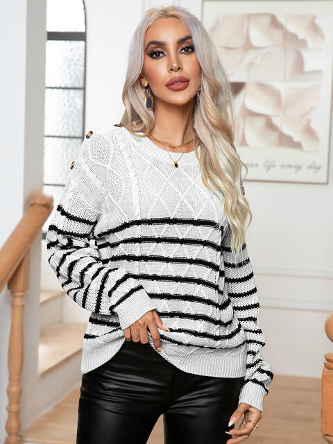 Striped Round Neck Cable-Knit Sweater - Body By J'ne