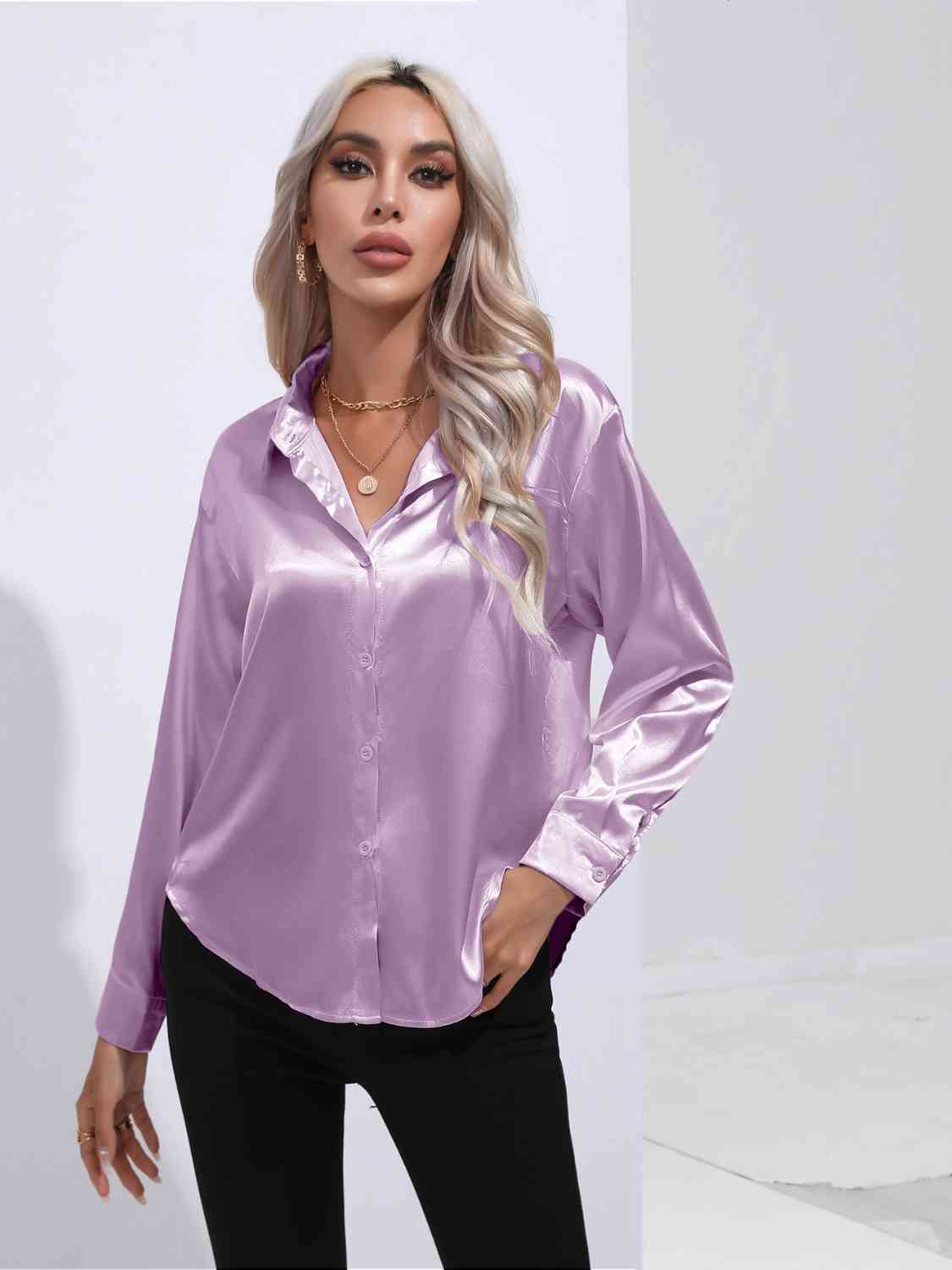 Collared Neck Buttoned Long Sleeve Shirt - Body By J'ne