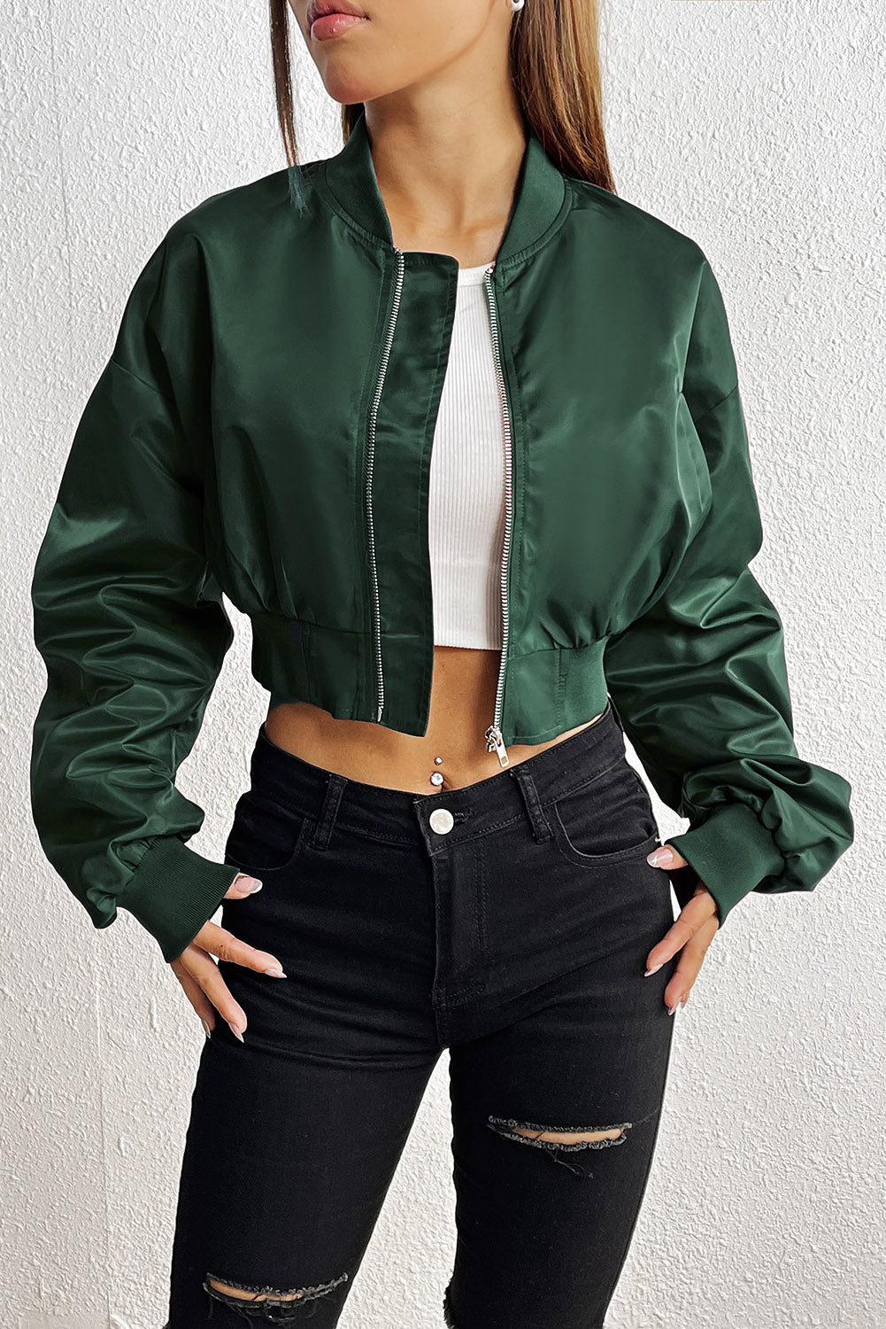 Zip-Up Ruched Cropped Jacket - Body By J'ne