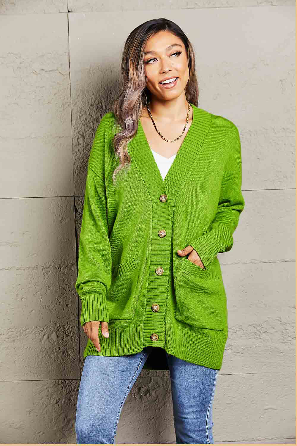 Double Take Ribbed Trim Dropped Shoulder Pocketed Cardigan - Body By J'ne