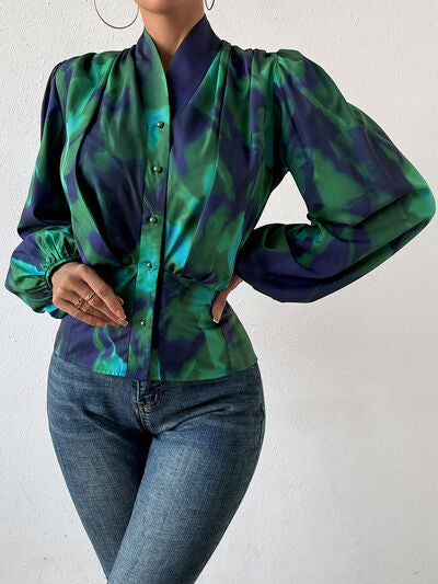 Tie-Dye Button Up Balloon Sleeve Blouse - Body By J'ne