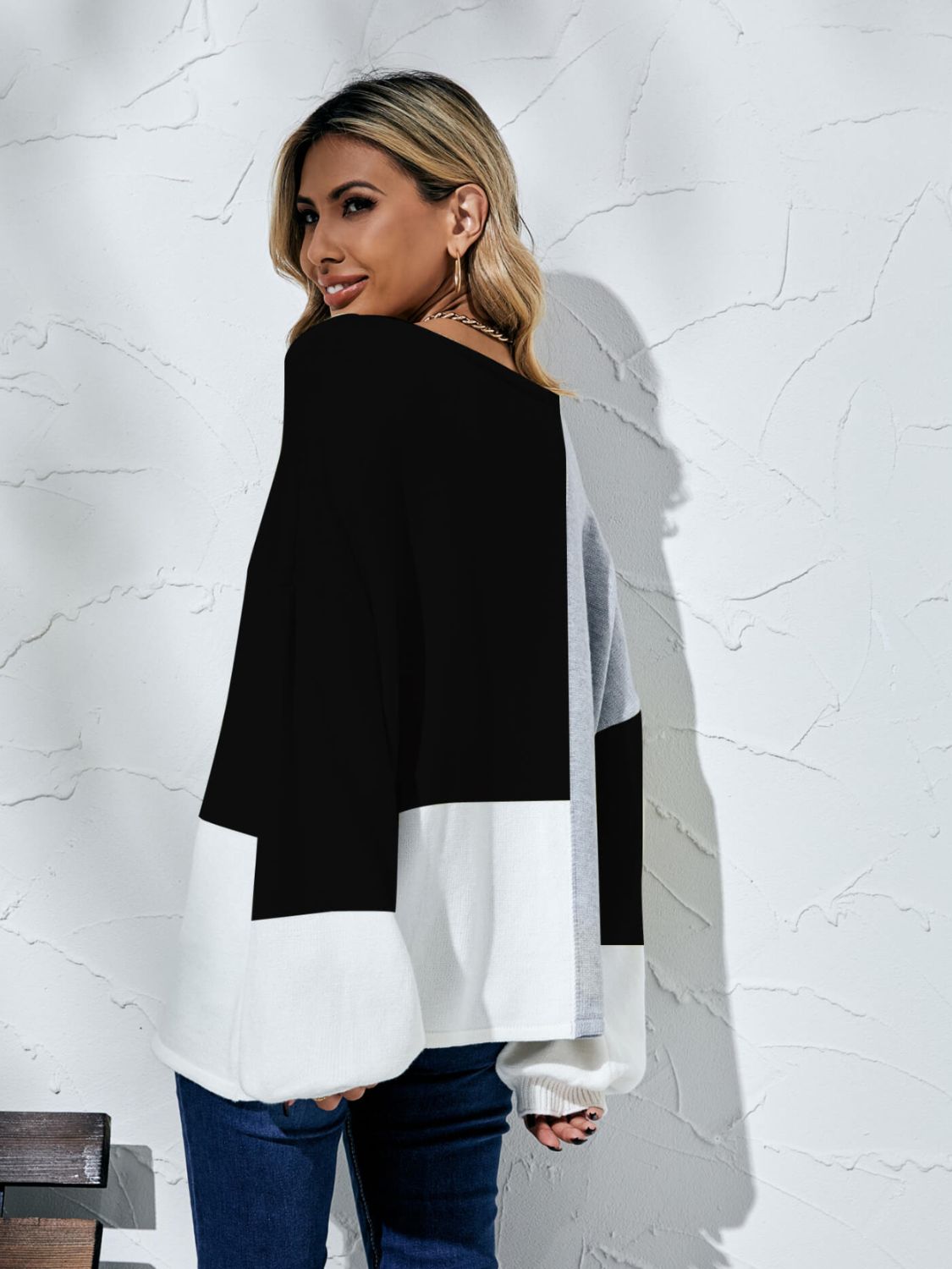 Color Block Balloon Sleeve Boat Neck Sweater - Body By J'ne