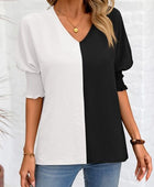 Contrast V-Neck Lantern Sleeve Blouse - Body By J'ne