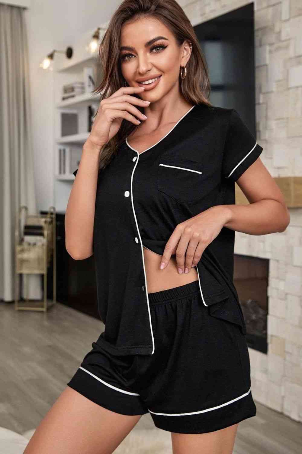 Contrast Piping Button-Up Top and Shorts Pajama Set - Body By J'ne