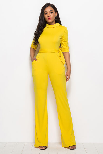 Mock Neck Tie-Waist Half Sleeve Jumpsuit - Body By J'ne
