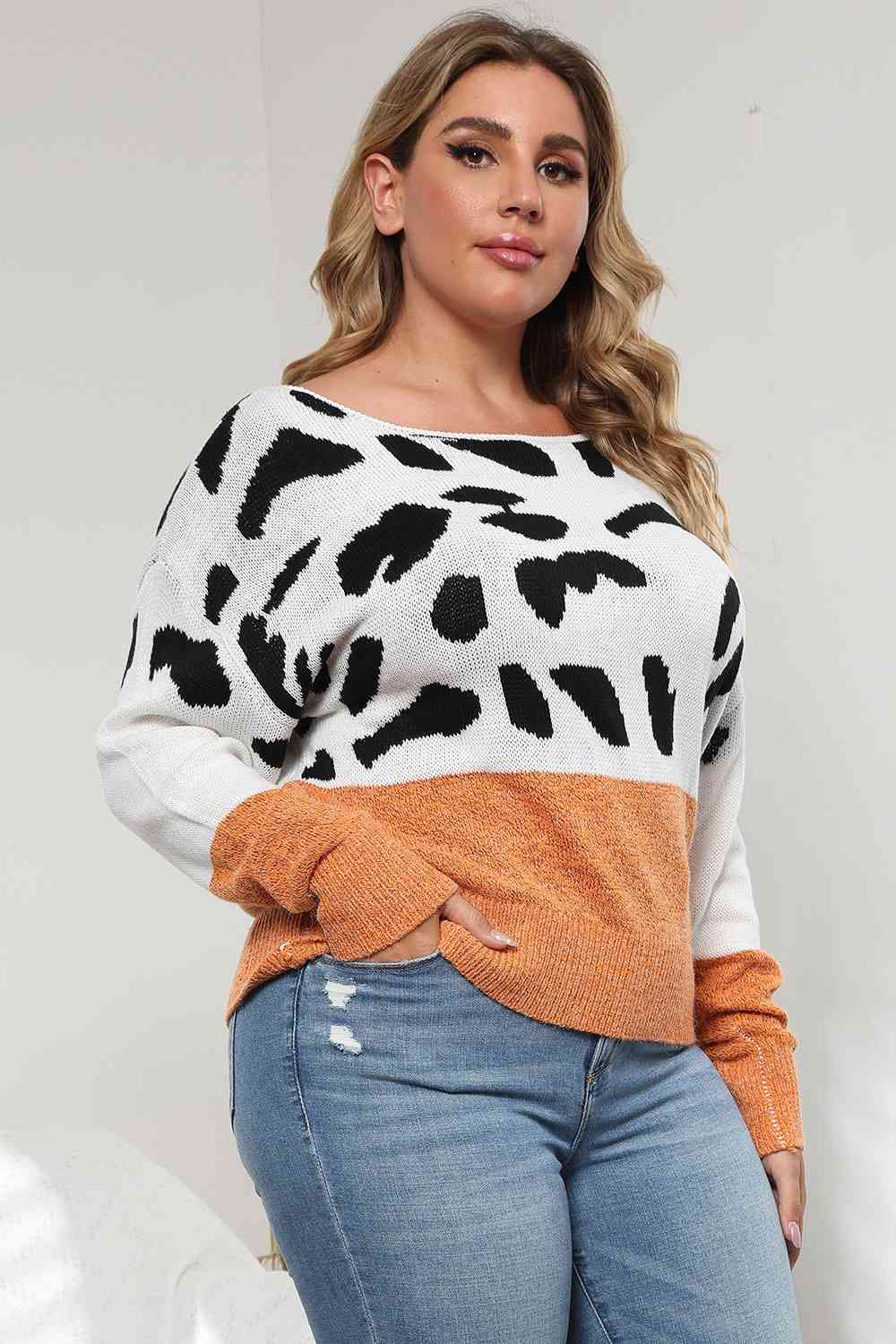 Plus Size Leopard Round Neck Long Sleeve Sweater - Body By J'ne