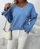 Ruffled V-Neck Dropped Shoulder Sweater - Body By J'ne