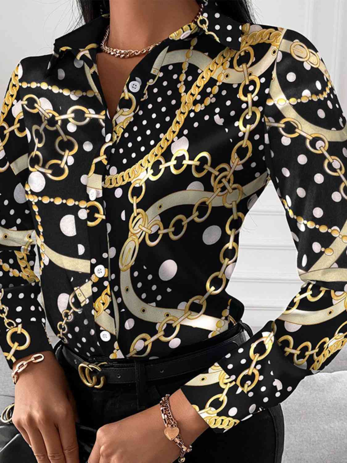 Printed Collared Neck Long Sleeve Shirt - Body By J'ne