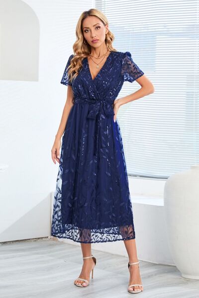 Sequin Leaf Embroidery Tie Front Short Sleeve Dress - Body By J'ne