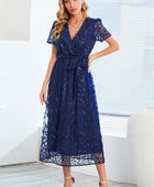 Sequin Leaf Embroidery Tie Front Short Sleeve Dress - Body By J'ne