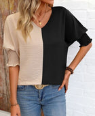 Contrast V-Neck Lantern Sleeve Blouse - Body By J'ne