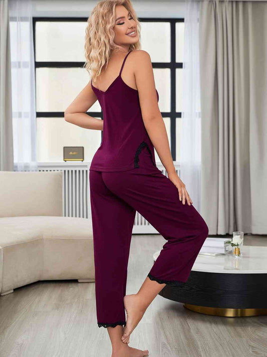 V-Neck Lace Trim Slit Cami and Pants Pajama Set - Body By J'ne