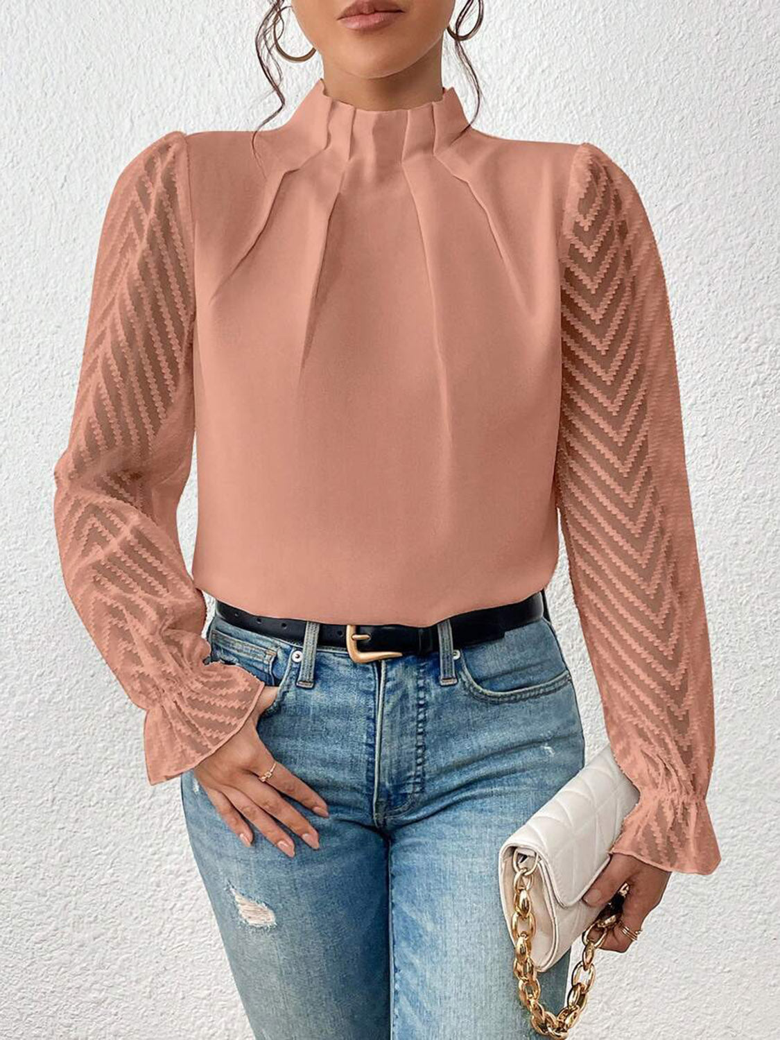 Mock Neck Flounce Sleeve Blouse - Body By J'ne