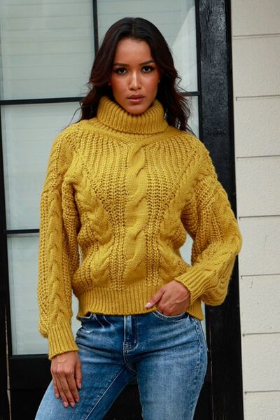 Cable-Knit Turtleneck Long Sleeve Sweater - Body By J'ne