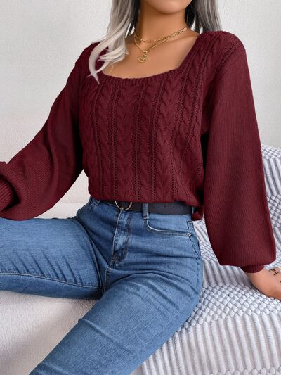 Cable-Knit Square Neck Long Sleeve Sweater - Body By J'ne