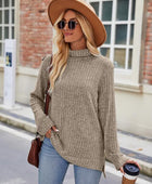 Ribbed Turtleneck Long Sleeve Slit Knit Top - Body By J'ne