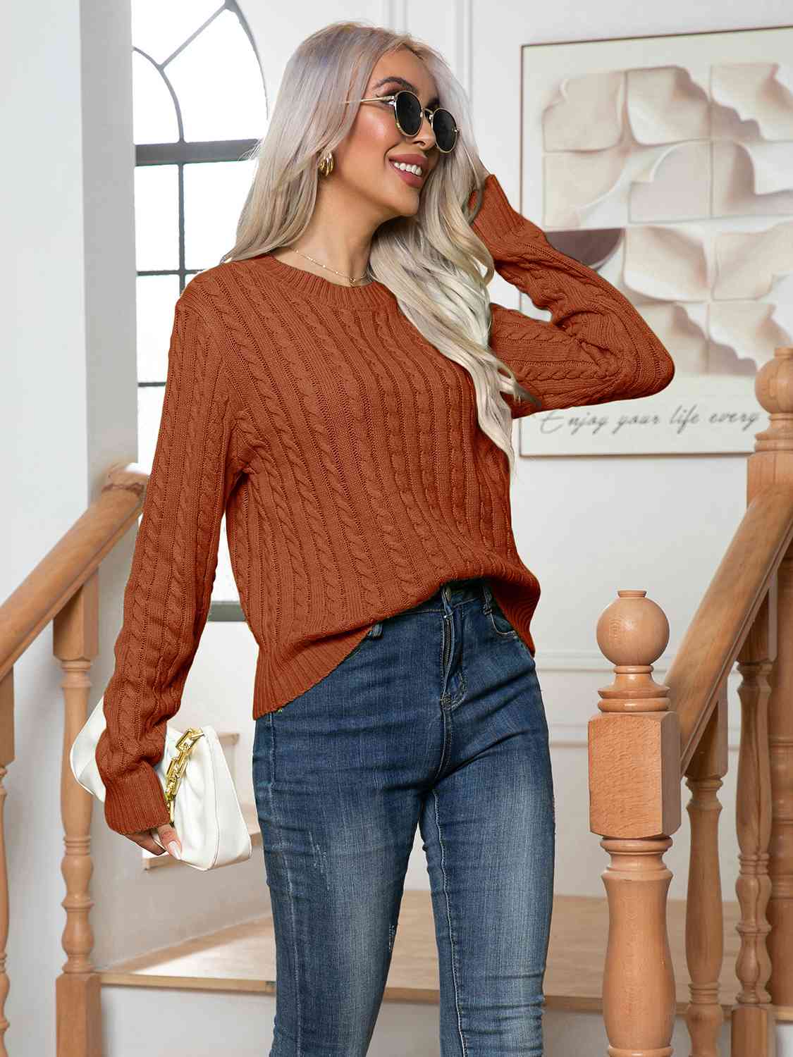 Cable-Knit Round Neck Long Sleeve Sweater - Body By J'ne