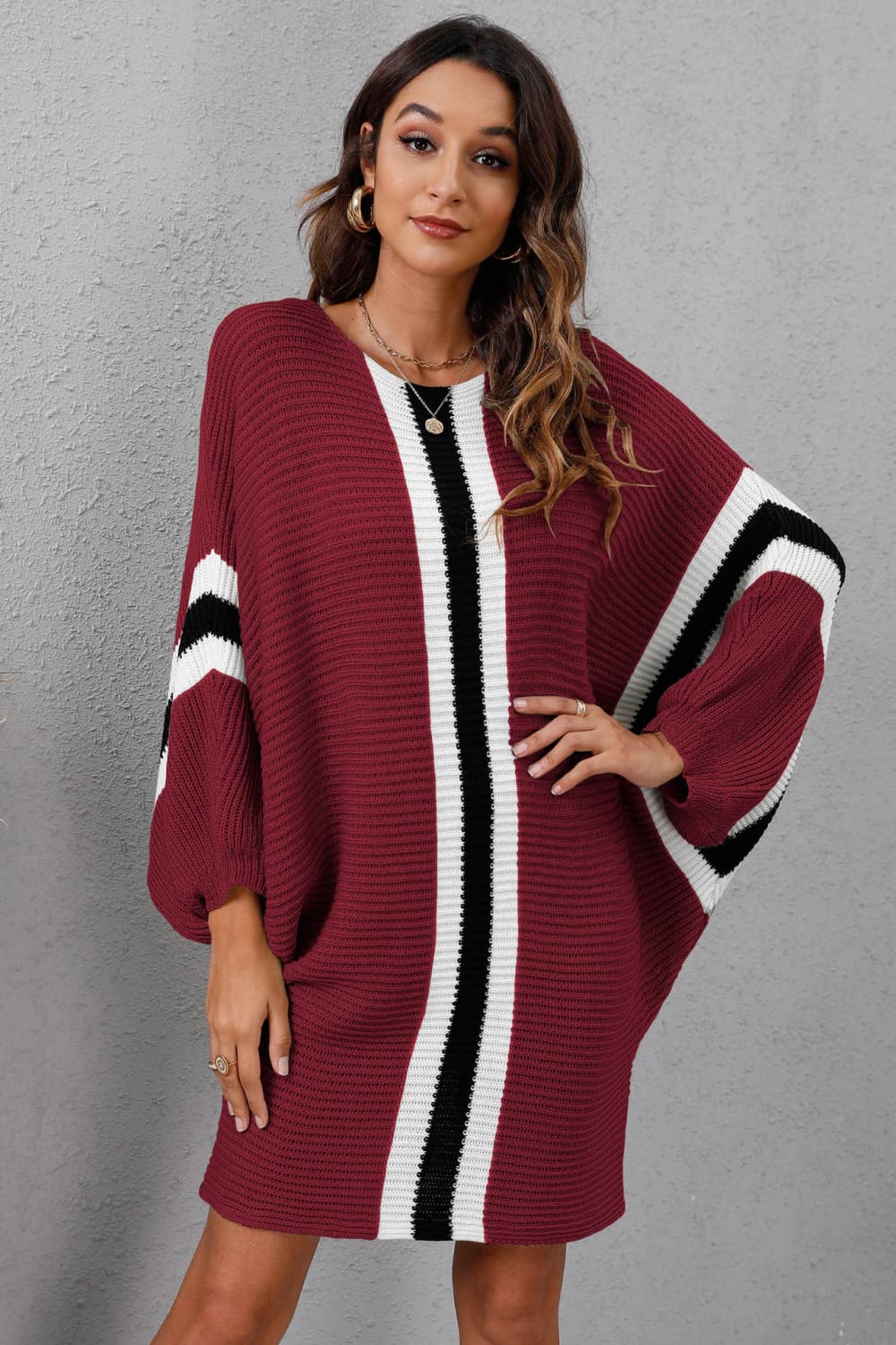 Ribbed Round Neck Long Sleeve Sweater Dress - Body By J'ne