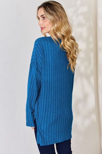 Full Size Ribbed Half Button Long Sleeve High-Low T-Shirt - Body By J'ne