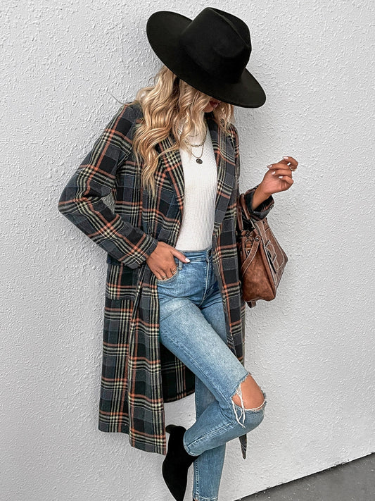 Plaid Lapel Collar Trench Coat - Body By J'ne