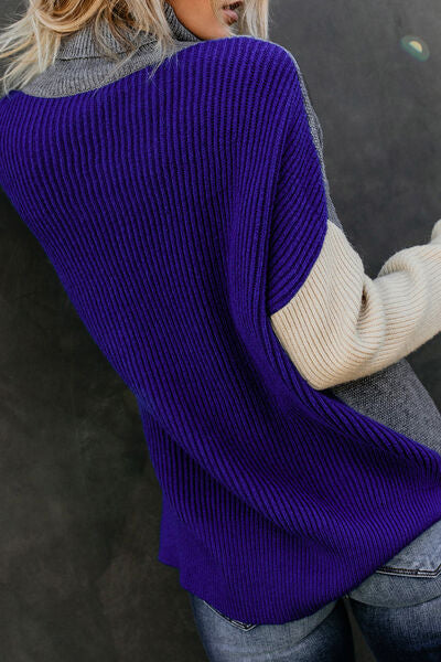 Color Block Cable-Knit Turtleneck Sweater - Body By J'ne