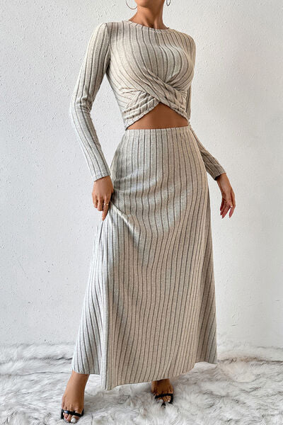 Ribbed Round Neck Top and Skirt Set - Body By J'ne
