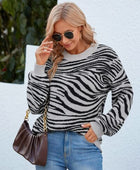 Animal Print Round Neck Dropped Shoulder Sweater - Body By J'ne