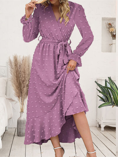 Swiss Dot Tie Waist Flounce Sleeve Dress - Body By J'ne