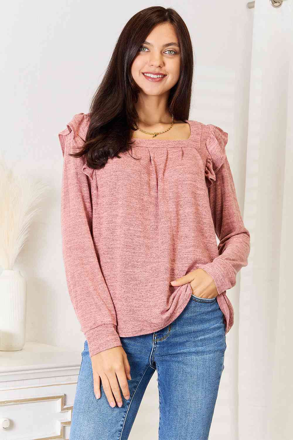 Square Neck Ruffle Shoulder Long Sleeve T-Shirt - Body By J'ne