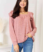 Square Neck Ruffle Shoulder Long Sleeve T-Shirt - Body By J'ne