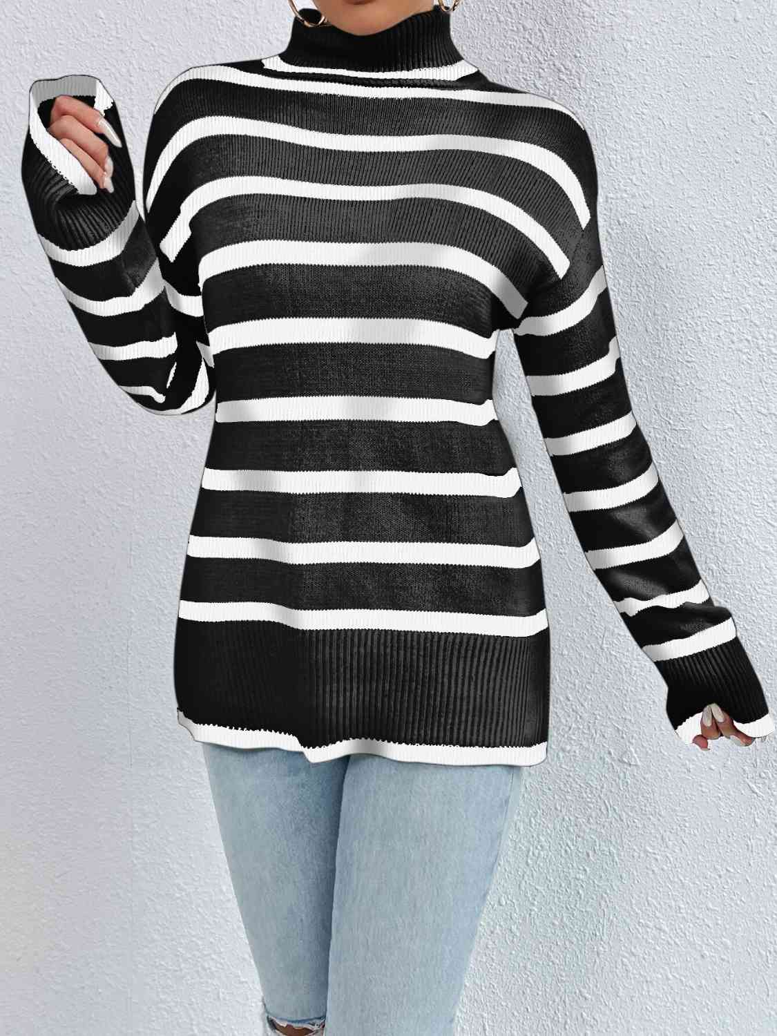Striped Turtleneck Drop Shoulder Sweater - Body By J'ne