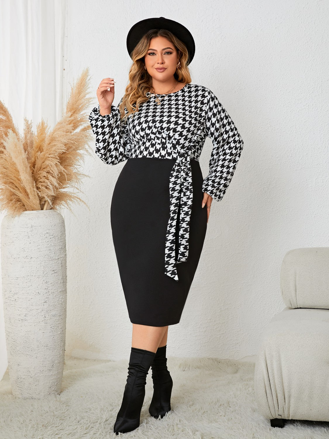Plus Size Houndstooth Tied Long Sleeve Dress - Body By J'ne
