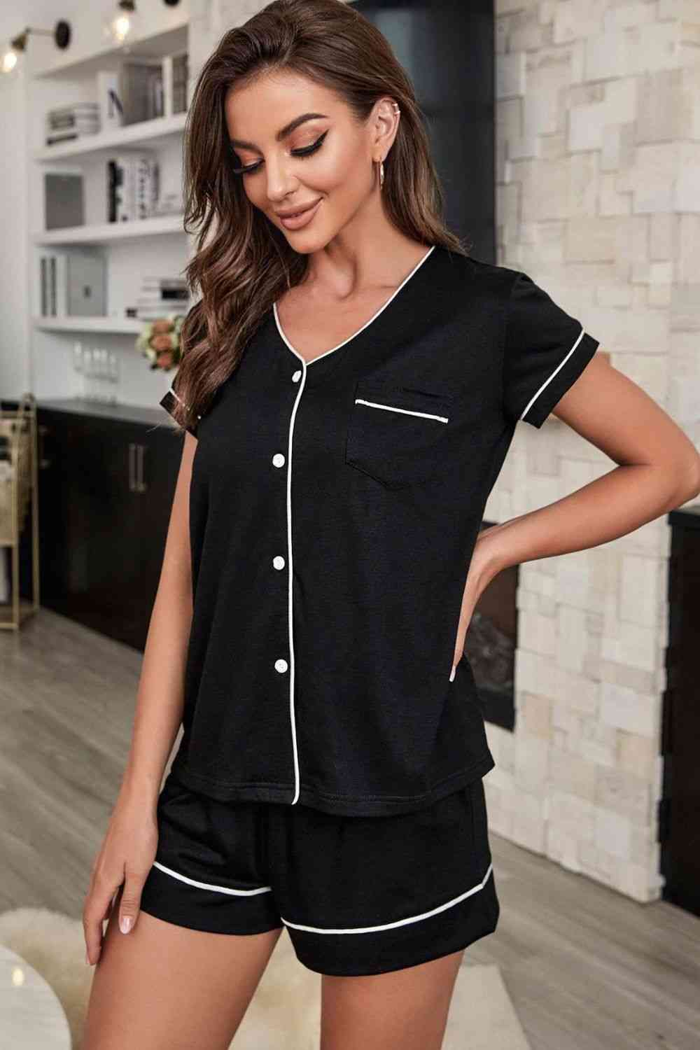 Contrast Piping Button-Up Top and Shorts Pajama Set - Body By J'ne