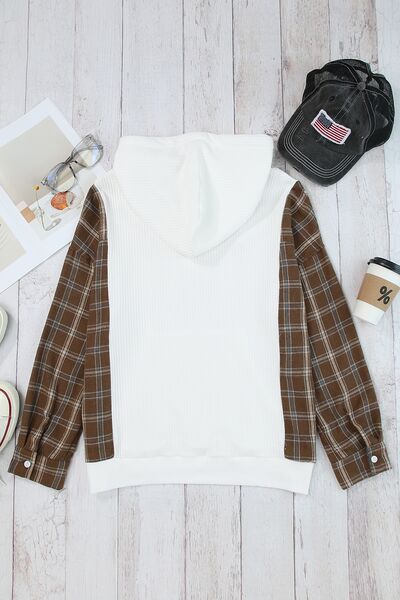 Plaid Waffle-Knit Drawstring Kangaroo Pocket Hoodie - Body By J'ne