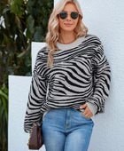 Animal Print Round Neck Dropped Shoulder Sweater - Body By J'ne