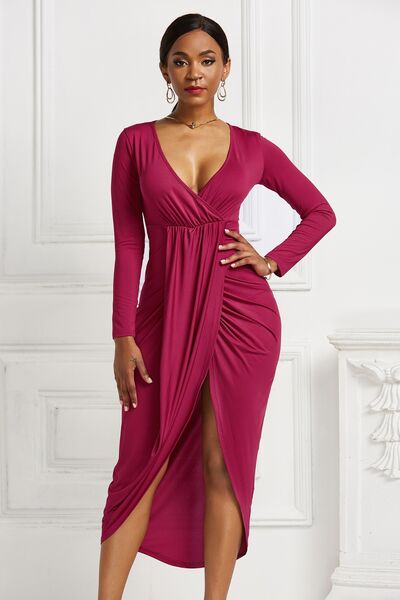 High-low Ruched Surplice Long Sleeve Dress - Body By J'ne