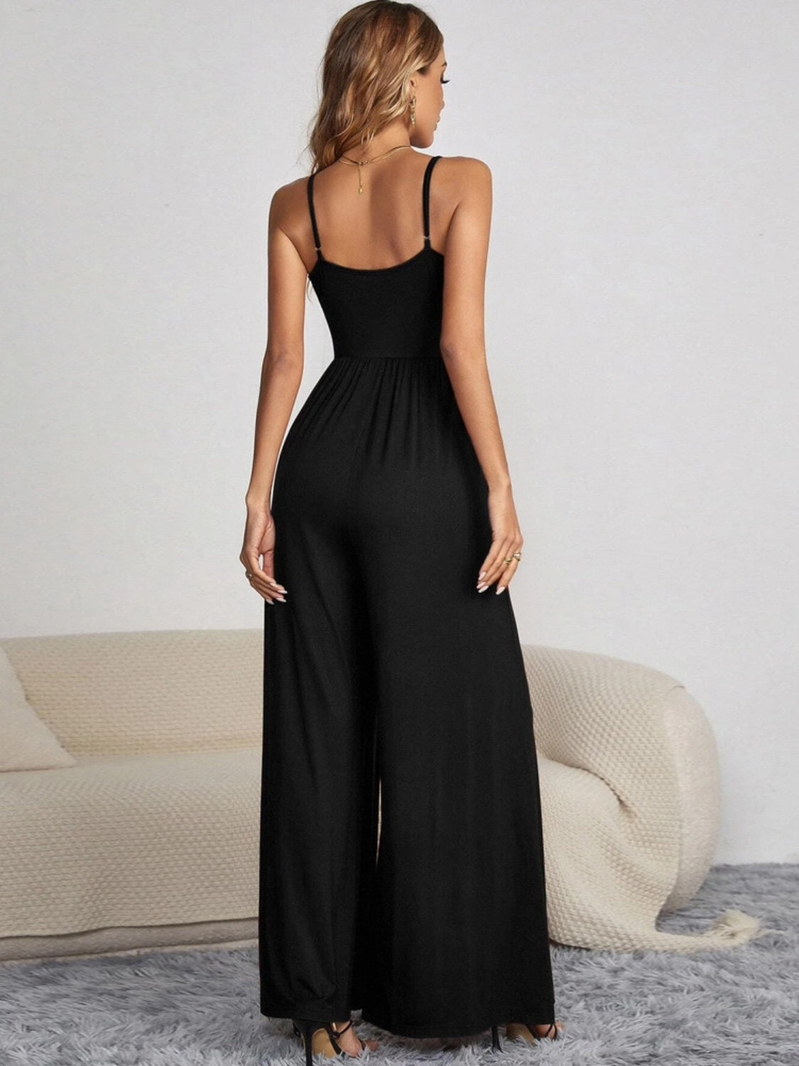 Decorative Button Spaghetti Strap Wide Leg Jumpsuit - Body By J'ne
